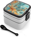 Stackable Double-Layer Bento Box Orange and Turquoise Adults Lunchbox with Spoon Cute Japanese Bento Box Dishwasher Safe for Work Travel Dining Outc