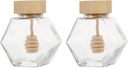 2pcs Hexagon Honey Glass Bottle Wooden Lid Airtight Jar Wooden Dipper Bottle Sealed Jar for Coffee Jam Honey Syrup Beehive Storage Prep Terrarium Mini Cork Dry Food