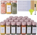 24 Pcs Glass Spice Jars with Labels and Pink Metal Caps, 4oz Empty Spice Containers with Shaker Lids, Funnel, Pen,Seasoning Storage Bottles for Spice Rack, Cabinet, Drawer