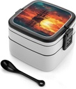 Adult Double-Layer Bento Box A Sailing Boat on The Water Portable Lunch Box with Spoon And Invisible Handle Leakproof Microwave-Safe Food Container for Work Travel Camping