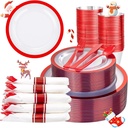 Liacere 350PCS Clear and Red Plastic New Year Plates and Napkins for 50Guests Plastic Dinnerware Set:100 Red Disposable Plates 50 Pre Rolled Napkins with Cutlery,50 Cups for Party＆Christmas