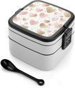Heart Print Bento Box Adult Lunch Box All-in-One Lunch Containers with Removable Compartments Double Layer Bento Lunch Box with Spoon And Handle Stackable Lunchbox