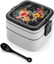 Bento Box Stackable Lunch Box with 2 Compartments Leak-Proof Food Storage Containers Colorful Flowers Bento Lunch Box for Adults Lunch Containers with Utensil Set