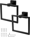 QWORK Black Towel Ring Towel Holder, 2 Pack Wall Mounted Bathroom Shower Hand Towel Holder Hanger, Modern Square Style