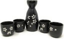 TJ Global 5-Piece Sake Set, Durable Ceramic Japanese Sake Set with 1 Carafe/Decanter/Tokkuri Bottle and 4 Ochoko cups for Hot or Cold Sake at Home or Restaurant - Black with White Flower Petal Design