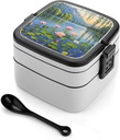 Willow Willow Lotus Bento Box Double-Layer Bento Lunch Container with Spoon And Invisible Handle Adult Leak-Proof Lunchbox for Dining Out Work Picnics Travel