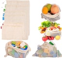 Reusable Mesh Produce Bags, Organic Cotton Eco Friendly Washable Durable Bags Set of 6pcs Drawstring Bags for Vegetable Fruit Storage Grocery Shopping Toys