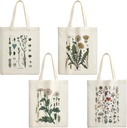 4 Pieces Floral Canvas Tote Bag for Women Flower Reusable Grocery Shopping Bag Aesthetic for Christmas Gift