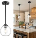 Matte Black Pendant Light, Mid Century Globe Haning Light Fixture Ceiling with Clear Glass for Kitchen Island Dining Room Bedroom Hallway Foyer (1 Pack), PL101BK