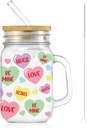 Whaline Valentine's Day Mason Jar Mug with Handle 18oz Conversation Heart Mason Jar Drinking Glasses Colorful Heart Ice Coffee Cups with Lid Straw for Iced Coffee Tea Soda Cocktail