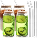 HOMBERKING Glass Cups with Bamboo Lids and Straws 4pcs Set, 16oz Can Shaped Drinking Beer Glasses, Iced Coffee Cups, Cute Tumbler with 1 Cleaning Brush, Ideal for Cocktail, Whiskey, Tea, Gift