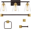 JONATHAN Y JYL1500B Arlo 22.88" 3-Light Vintage Classic Vanity Light with Bathroom Hardware Accessory Set, Oil Rubbed Bronze/Gold Painting (5-Piece) - Towel Bar & Ring, Toilet Paper Holder, Robe Hook