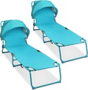 Folding Chaise Lounge Chairs with Canopy Sunshade,2 Pack Adjustable Sun Tanning Chair,Outdoor Heavy-Duty Beach Sunbathing Chair with Reclining Back,for Outside Patio Pool Beach,Blue