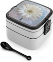 Shiny White Daisies Bento Box Adult Lunch Box All-in-One Lunch Containers with Removable Compartments Double Layer Bento Lunch Box with Spoon And Handle Stackable Lunchbox