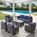 9 Piece Wicker Patio Furniture Set - Outdoor Swivel Rocker Chairs Set with Coffee Table, Rattan Chairs, 3 Seat Sofa & Ottomans, Patio Conversation Sets for Bcakyard Deck - Brown/Blue