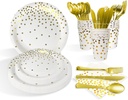 175 PCS Gold Dot and Donut Disposable Paper Plates Cups Napkins, Gold Plastic Knives Forks Spoons Serves 25 Guests Available for Wedding,Birthday and Party
