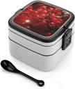Red Fruits And Leaves Bento Box Adult Lunch Box All-in-One Lunch Containers with Removable Compartments Double Layer Bento Lunch Box with Spoon And Handle Stackable Lunchbox