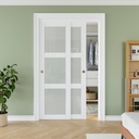 48" x 80" Sliding Closet Door, 3-Lite Frosted Tempered Glass Bypass Door Panel with Hardware Track Kit & Floor Guide, Solid Wood Slab Pre-Assembled with PVC Surface, Silver Round Handle