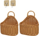 2Pcs Hanging Storage Baskets, Plastic Woven Hanging Basket with Hook, Flower Bin with Handle Kitchen Wall Basket for Ginger Garlic(Brown)