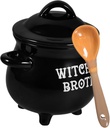 Cauldron Cookie Jar with Spoon and Broomstick Ceramic Witch Candy Container for Halloween Decor and Treats for Home Office and Festive Occasions