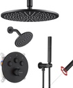 VANFOXLE Thermostatic Shower Faucet Set Matte Black Shower System,Push Button Diverter Shower Faucet with 2 in 1 Handheld,Ceiling Mount Increased Thickness 12 Inch Shower Head with 6 Inch Shower Head