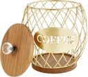 Coffee Pod Holder with Wood Lid, Gold, Coffee Pod Basket, Organizer, Hollow Design, Wire Coffee Basket, 4.3 7.5in