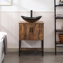 UEV Rustic Brown 24" Bathroom Vanity with Sink,Industrial Iron Frame Bathroom Cabinet Set with Doors & Shelf,with Modern Champagne Boat Tempered Glass Vessel Sink(029CH)