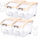 Sunnyray 4 Pcs Rice Storage Containers Bulk Flour Sugar Container Wheels Measuring Cups Set Cream Yellow Lid Airtight Pet Dog Cat Birds Food Bin Grain Cereal Organizer Box for Dry Baking(28 lb)