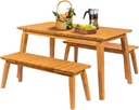 VINGLI Outdoor Dining Set with 2 Benches - Rectangular Patio Table & Bench Set, Weather-Resistant Fir Wood Garden Dining Furniture for Backyard, Lawn, Deck (Teak)