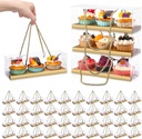 Thenshop 40 Pcs Clear Cupcake Boxes 9 x 3 x 3 Inch Rectangular Cupcake Containers 3 Compartments Pastry Packaging Cookies Gift Box with Rope Handle for Graduation Gifts Birthday Wedding Party(Gold)