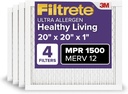 Filtrete 20x20x1 AC Furnace Air Filter, MERV 12, MPR 1500, CERTIFIED asthma & allergy friendly, 3 Month Pleated 1-Inch Electrostatic Air Cleaning Filter, 4-Pack (Actual Size 19.69x19.69x0.78 in)