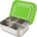 LunchBots Medium Quad Snack Container - Divided Stainless Steel Food Container - Four Sections for Finger Foods On the Go - Eco-Friendly, Dishwasher Safe - Stainless Lid - Green Dots