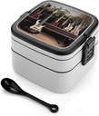 Adult Double-Layer Bento Box Guitar Bass Music Musical Instruments Portable Lunch Box with Spoon And Invisible Handle Leakproof Microwave-Safe Food Container for Work Travel Camping
