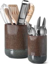 Ceramic Utensil Holder Set - Kitchen Organizer, 2-Piece Crock - 7.3" & 5.4" Marble Dark Olive - Cooking Utensil Storage, Plant Pots, Decor