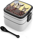 Stackable Double-Layer Bento Box Donkey And Flower Adults Lunchbox With Spoon Cute Japanese Bento Box Dishwasher Safe for Work Travel Dining Outc