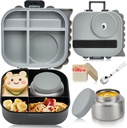 Bento Lunch Box with Thermo, 4-Compartment Bento Box with Adjustable Dividers, Leakproof Dinosaur Lunch Box with 14.2OZ Insulated Food Jar & Sauce Jar, for School Office Travel(Grey)