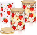 3Pcs Strawberry Glass Storage Jars Cute Fruits Flower Love Heart Clear Candy Cookie Canisters Set with Airtight Lid for Spring Summer Home Kitchen Countertop Decor