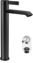 Phiestina Single Hole Matte Black Tall Bathroom Vessel Sink Faucet,Single Handle Waterfall Above Counter Sink Sink Faucet with Metal Pop Up Drain Without Overflow and Water Supply Line,FH04-MB-V