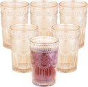 Vintage Textured Amber Striped Drinking Glasses Set of 6, 13 oz Ribbed Glassware with Flower Embossed Design, Romantic Cocktail Set, Juice Glass, Iced Coffee Cup, Colored Water Glasses Tumblers