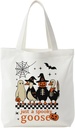 Halloween Goose Tote Bag for Candy Treats, Goose Lover Gifts, Spooky Gothic Witchy Ghost Geese Canvas Tote Bag, Halloween Party Favor Bags, Reusable Shopping Grocery Bags,14.96 x 15.3 inches