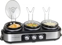 HomeCraft HCTSC15SS Stainless Steel 3-Station 1.5-Quart Oval Slow Cooker Buffet, with Lid & Spoon Rest, Adjustable Heat Control, Perfect for Parties, Holidays, Families