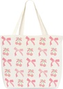 Pink Bow Tote Bag For Women, Cute Coquette Canvas Tote Bag, Reusable Grocery Shopping Bag, Gifts For Women Girls