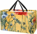 Reusable Grocery Bags for Women Large Watercolor Wild Flowers on Colored Background Shopping Tote Bag for Beach Groceries Picnic