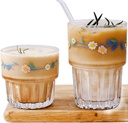 Set of 2 Floral Drinking Glasses Flower Glass Coffee Cups Cute Daisy Glass Cups for Juice,Iced Coffee,Tea,Latte,Dessert,Milk,Stackable Glassware Drinkware Set ﻿(blue1)