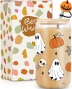 Halloween Ghost Skull Pumpkin Fall Cup - 16 oz Pumpkins Fall Mug, Boo Basket Stuffers, Iced Coffee Glass Tumbler, Spooky Glass Cups w/Lids Straws, Goth Spooky Gifts, Halloween Gifts for Women Her Teen
