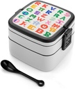 English Letter Bento Box Leak-Proof Double Layered Lunch Containers with Spoons And Invisible Handle, Portable Lunch Boxes for Work Picnic Travel