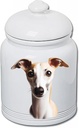 Best of Breed Whippet Fawn/White Dog and Cat Ceramic Treat Jar 9" Tall Air Tight Seal All White