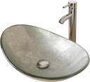 21.7"L × 14.2"W × 6.3"H Tempered Glass Vessel Sink Set – Boat-Shaped Wash Bowl with Chrome Faucet & Pop-Up Drain Stopper