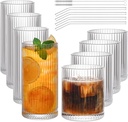 Set of 8 Vintage Ribbed Glassware,4 Highball Glasses 12 oz,4 Rocks Drinking Glasses 14 oz,Ribbed Cocktail Glass Cup,Used for Whiskey,Ice Coffee Cup,Juice,Smoothies,Mixed Drinkware