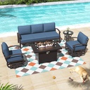 ALAULM Aluminum Patio Furniture Set with Propane Fire Pit Table 5-seat Metal Outdoor Furniture w/Fire Pit Patio Sectional Sofas w/5.3" Cushions for Patio, Backyard, Poolside-Dark Blue